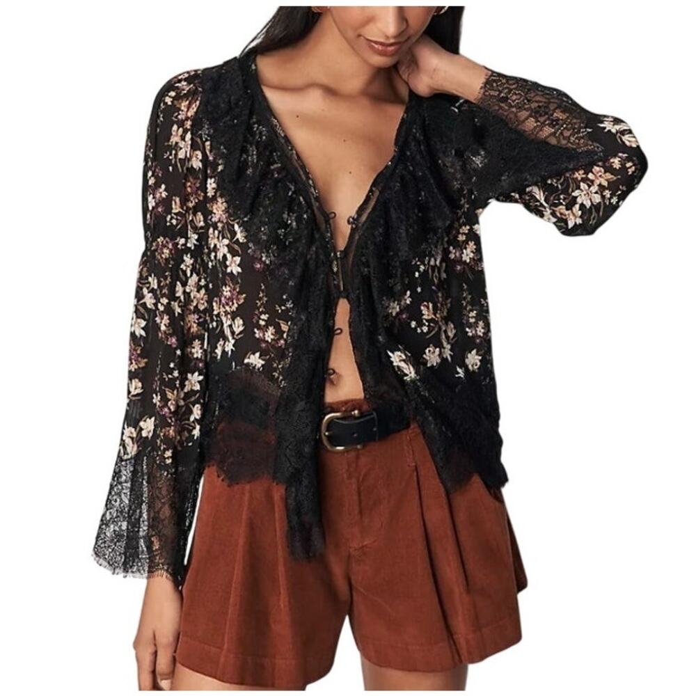 Anthropologie Black Victorian Sheer Lace Ruffled Button Floral Blouse size XXS